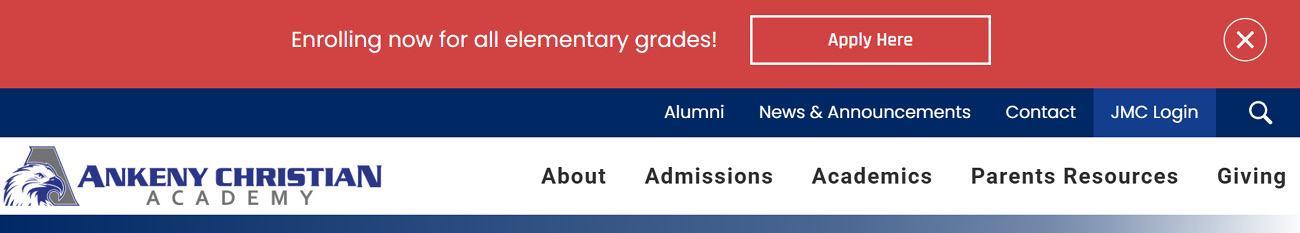 Ankeny Christian Academy's navigation with an alert which is a red bar with a message in white and a white call to action button with a close icon to the right.